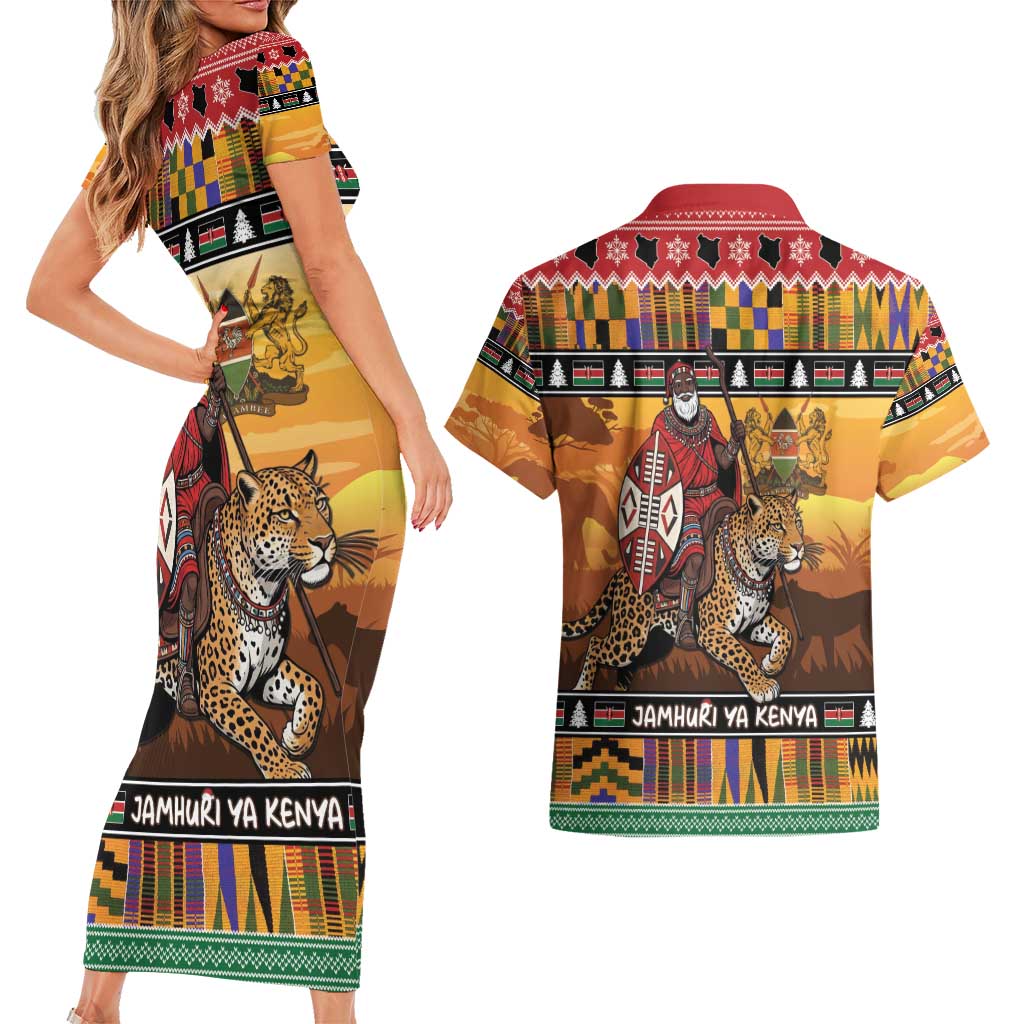 Kenya Safari Christmas Couples Matching Short Sleeve Bodycon Dress and Hawaiian Shirt Black Santa Riding Leopards - Heri ya Krismasi - Wonder Print Shop