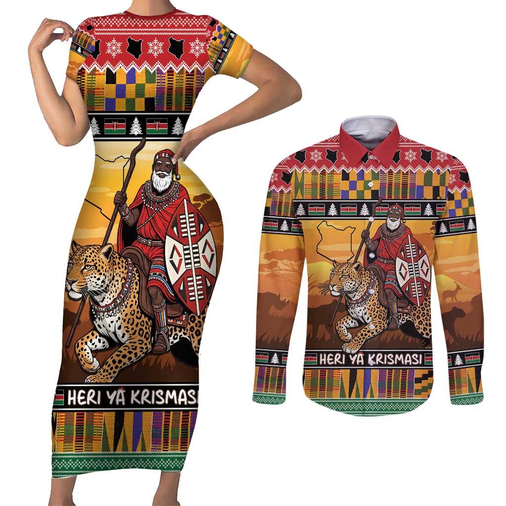 Kenya Safari Christmas Couples Matching Short Sleeve Bodycon Dress and Long Sleeve Button Shirt Black Santa Riding Leopards - Heri ya Krismasi - Wonder Print Shop