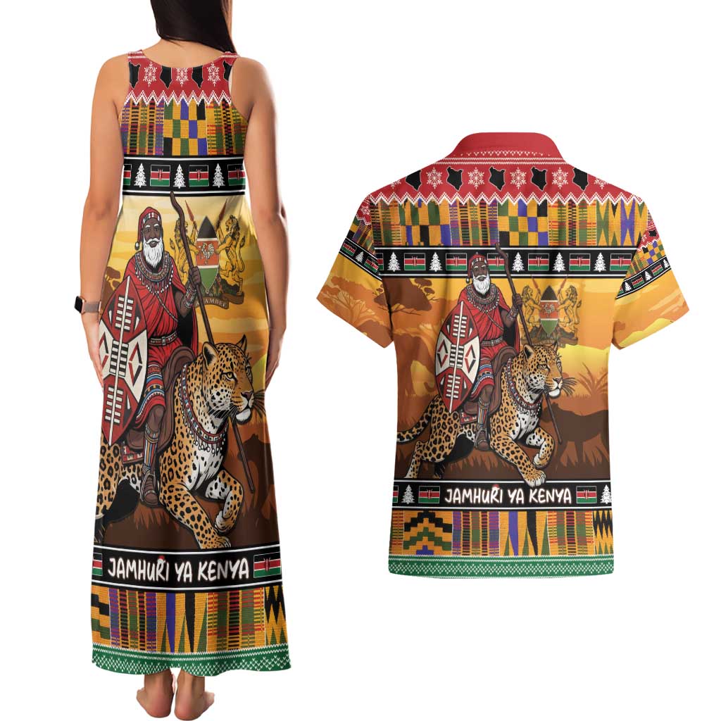 Kenya Safari Christmas Couples Matching Tank Maxi Dress and Hawaiian Shirt Black Santa Riding Leopards - Heri ya Krismasi - Wonder Print Shop