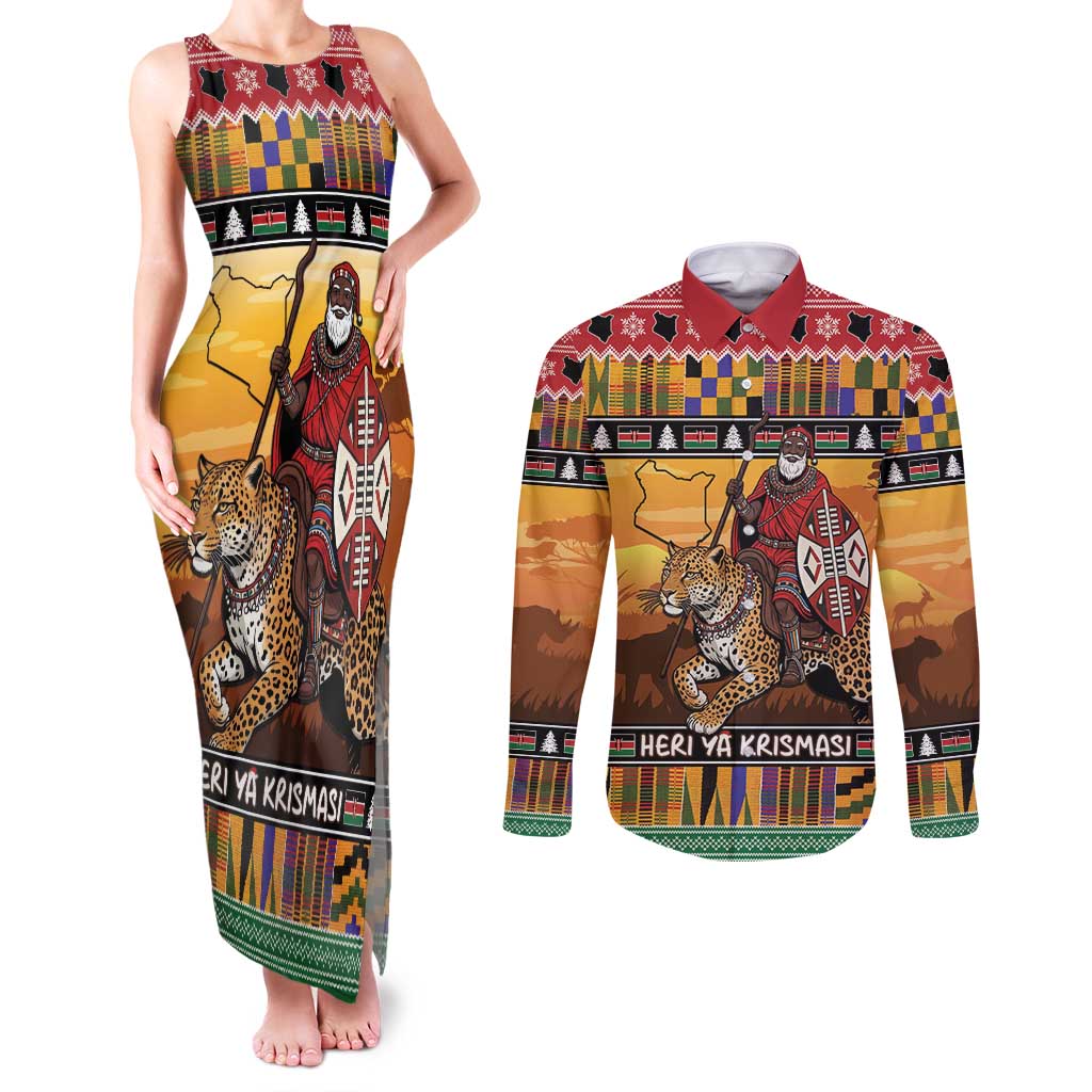 Kenya Safari Christmas Couples Matching Tank Maxi Dress and Long Sleeve Button Shirt Black Santa Riding Leopards - Heri ya Krismasi - Wonder Print Shop