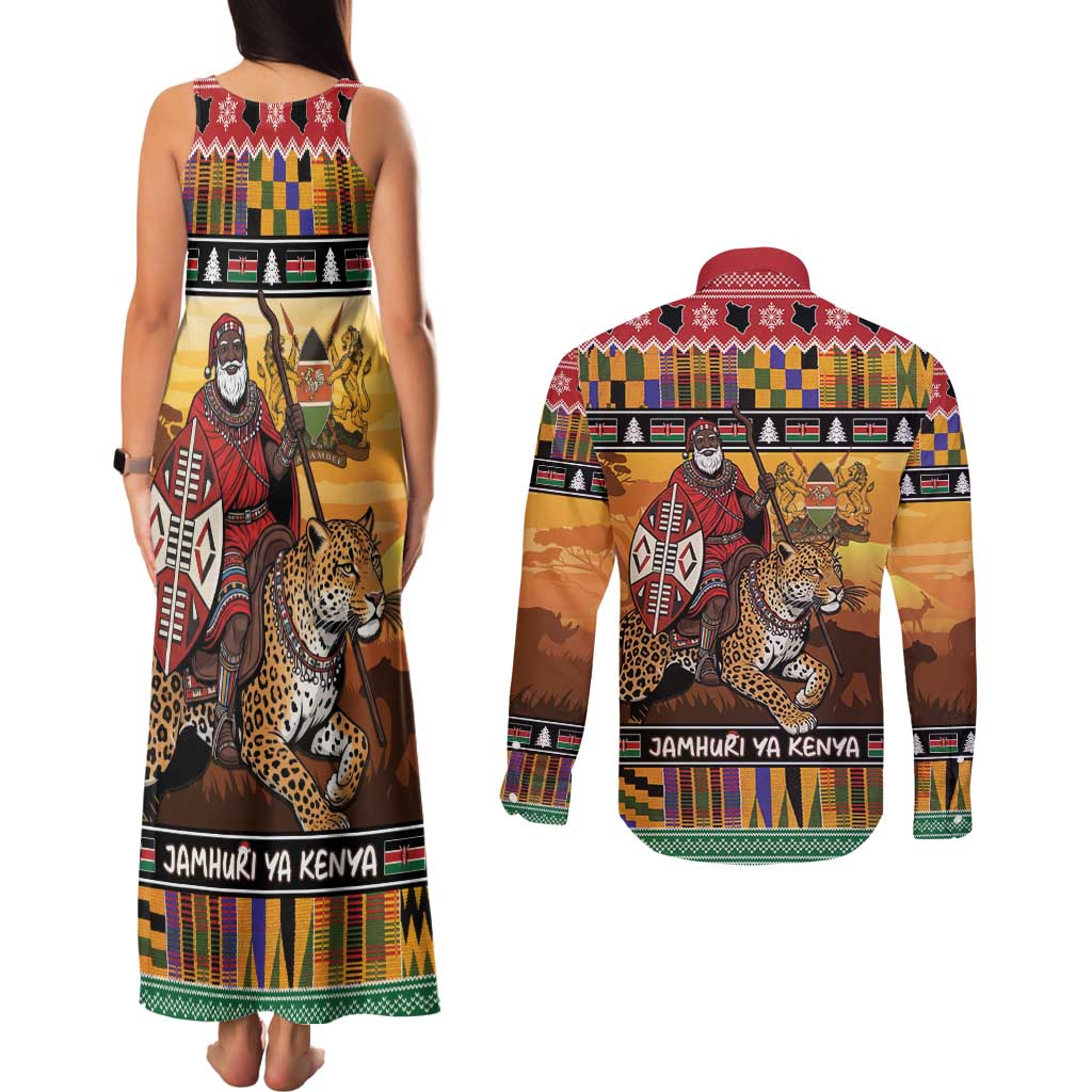 Kenya Safari Christmas Couples Matching Tank Maxi Dress and Long Sleeve Button Shirt Black Santa Riding Leopards - Heri ya Krismasi - Wonder Print Shop