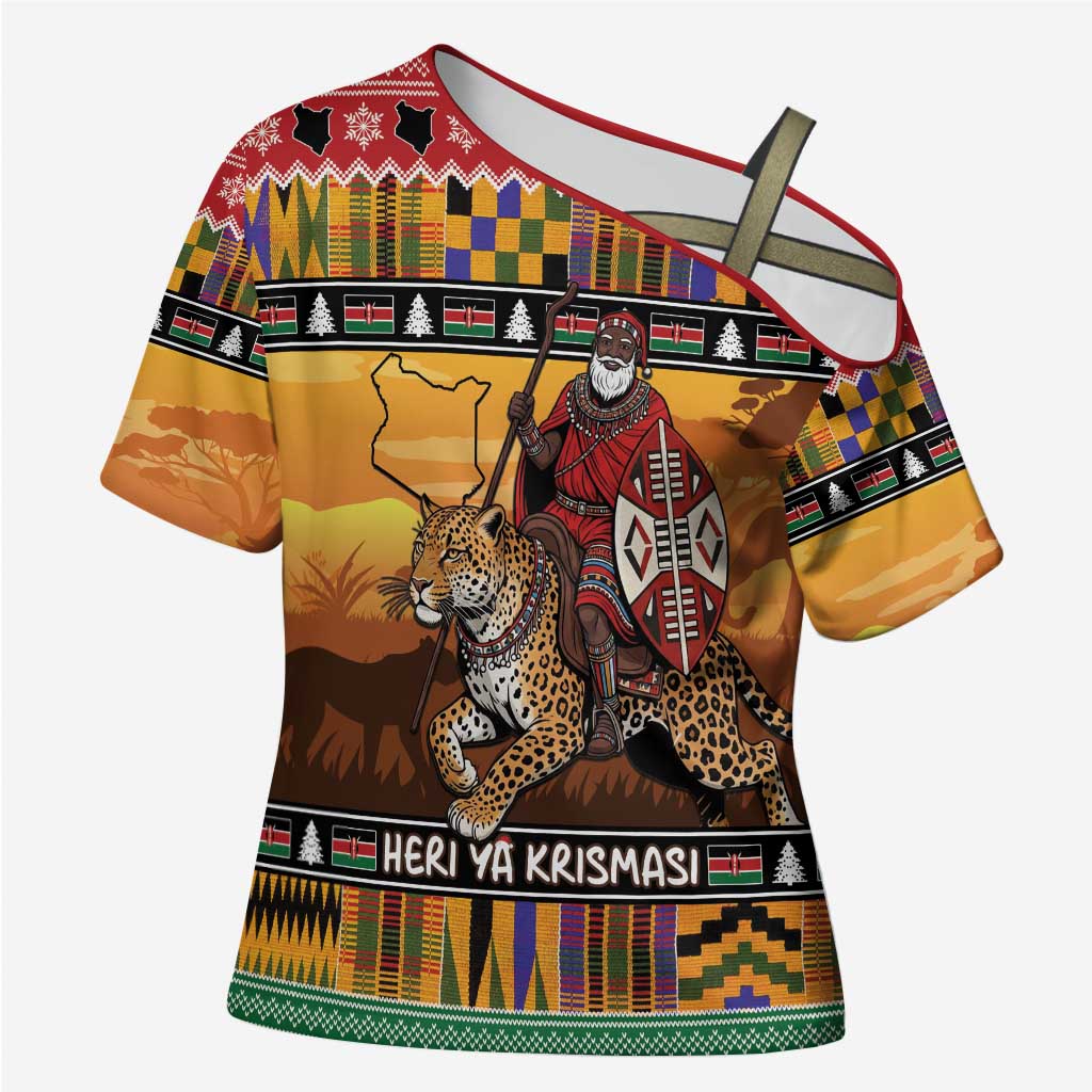 Kenya Safari Christmas Cross Shoulder Shirt Black Santa Riding Leopards - Heri ya Krismasi - Wonder Print Shop