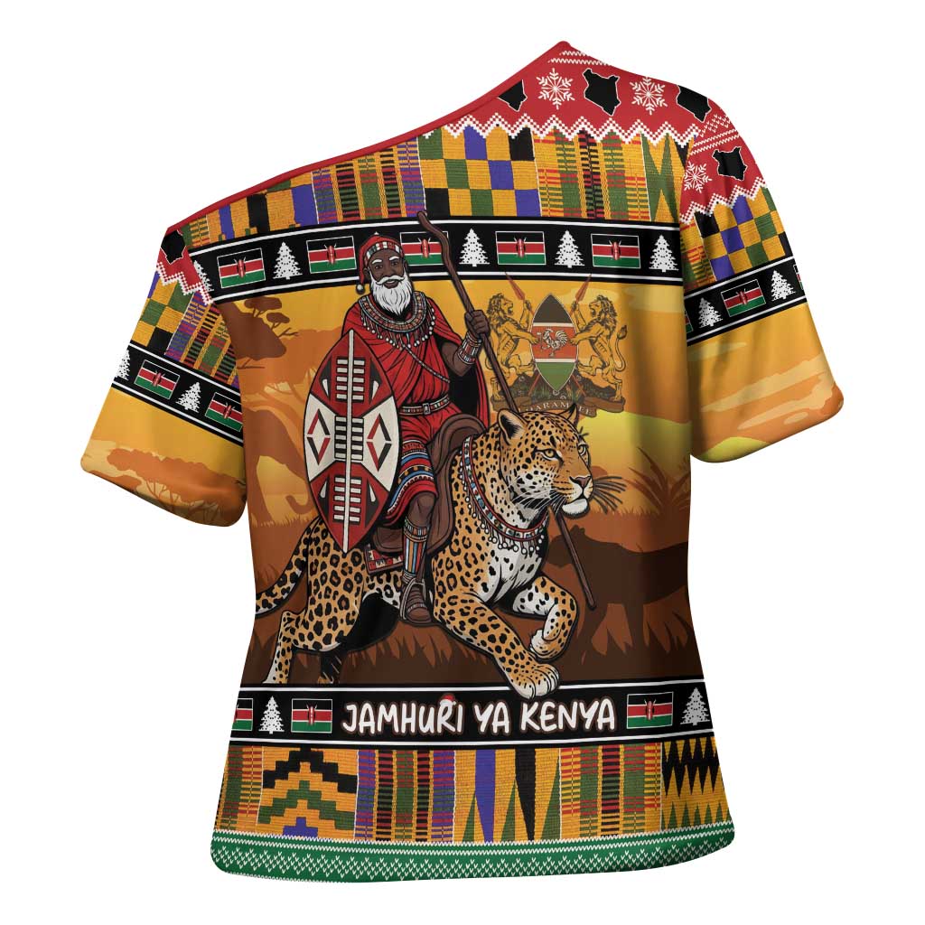 Kenya Safari Christmas Cross Shoulder Shirt Black Santa Riding Leopards - Heri ya Krismasi - Wonder Print Shop
