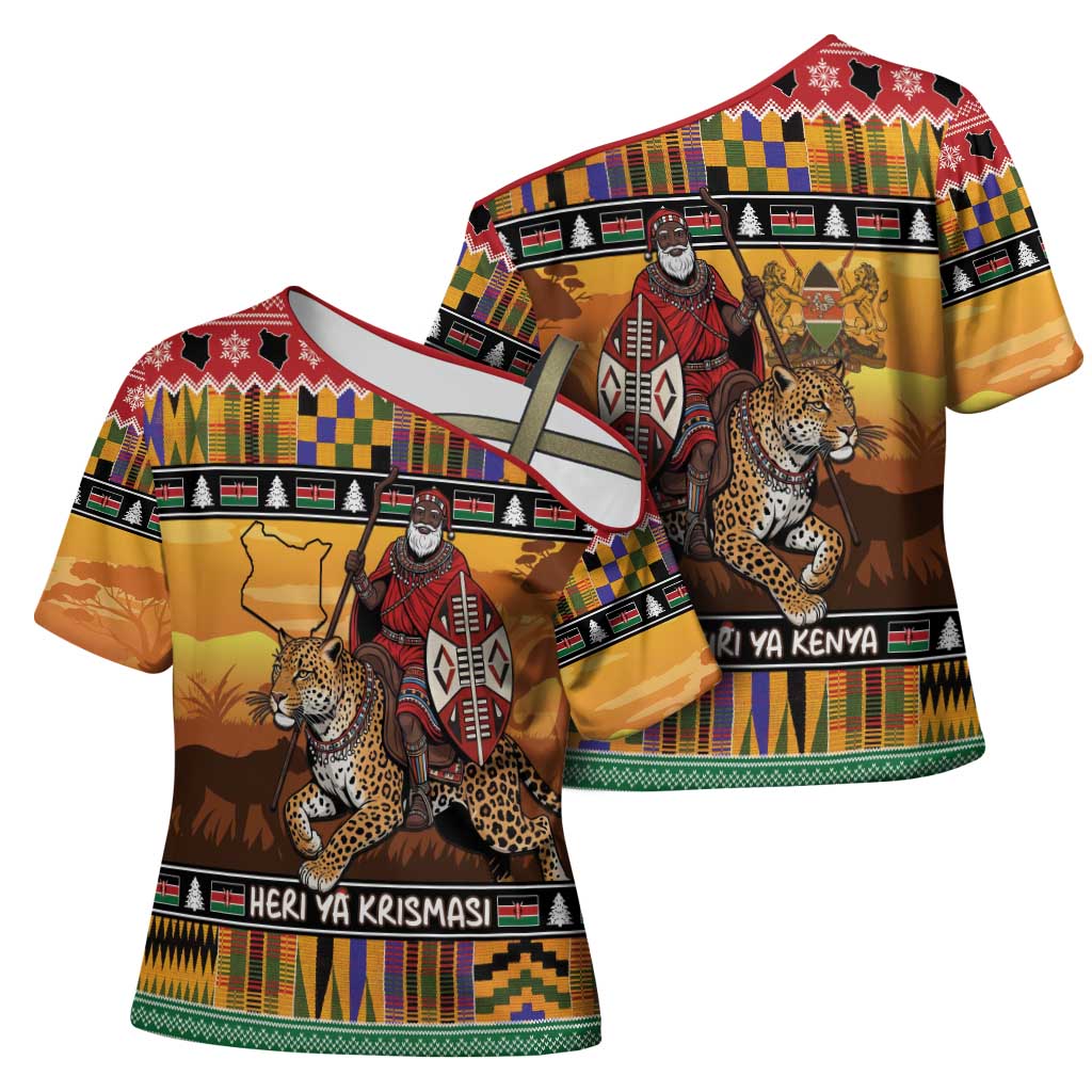 Kenya Safari Christmas Cross Shoulder Shirt Black Santa Riding Leopards - Heri ya Krismasi - Wonder Print Shop