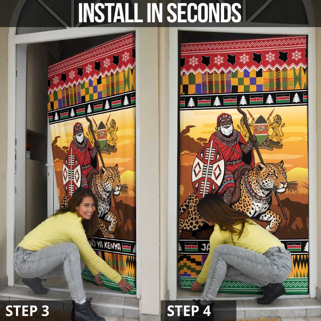 Kenya Safari Christmas Door Cover Black Santa Riding Leopards - Heri ya Krismasi - Wonder Print Shop