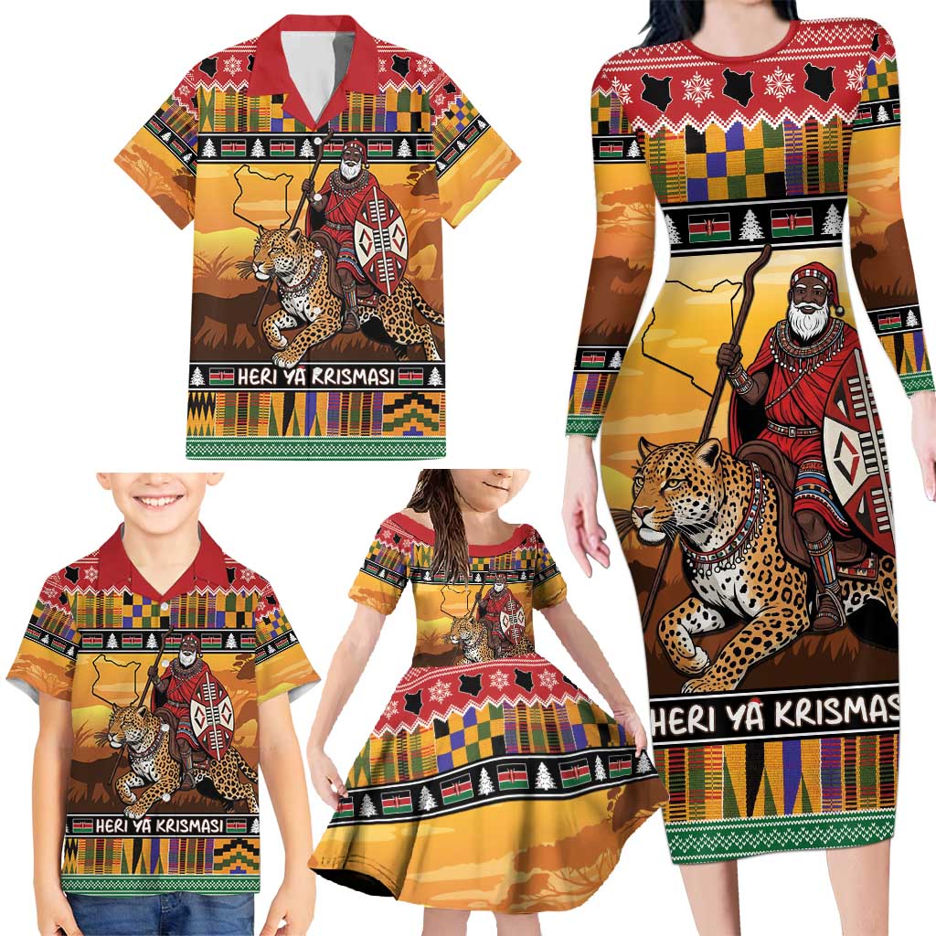 Kenya Safari Christmas Family Matching Long Sleeve Bodycon Dress and Hawaiian Shirt Black Santa Riding Leopards - Heri ya Krismasi - Wonder Print Shop