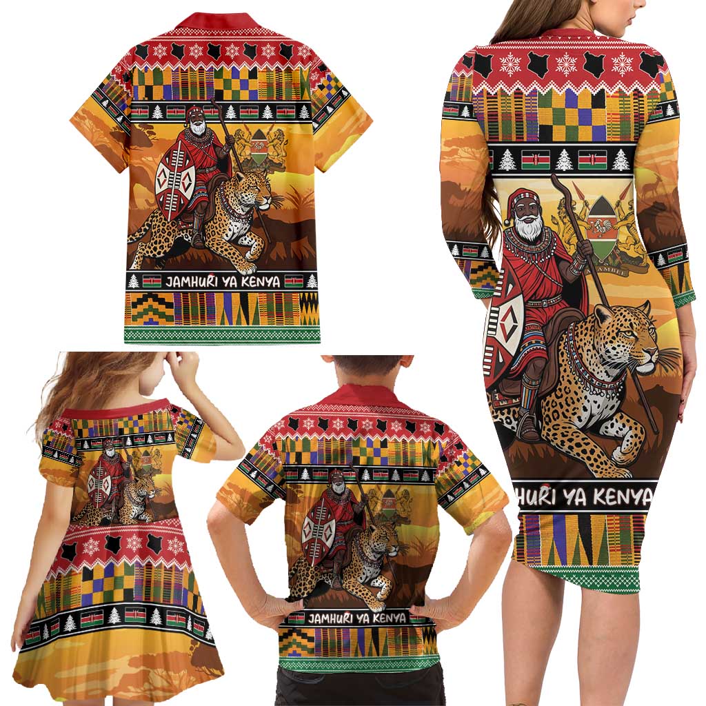 Kenya Safari Christmas Family Matching Long Sleeve Bodycon Dress and Hawaiian Shirt Black Santa Riding Leopards - Heri ya Krismasi - Wonder Print Shop