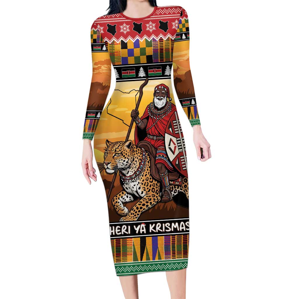 Kenya Safari Christmas Family Matching Long Sleeve Bodycon Dress and Hawaiian Shirt Black Santa Riding Leopards - Heri ya Krismasi - Wonder Print Shop