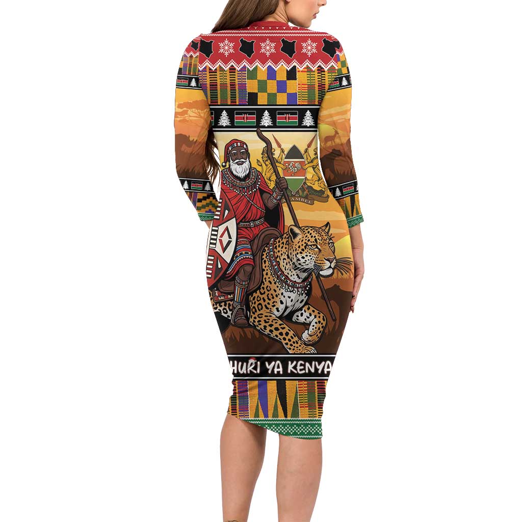 Kenya Safari Christmas Family Matching Long Sleeve Bodycon Dress and Hawaiian Shirt Black Santa Riding Leopards - Heri ya Krismasi - Wonder Print Shop