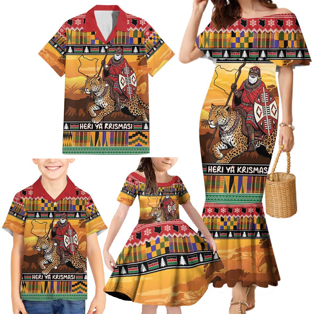 Kenya Safari Christmas Family Matching Mermaid Dress and Hawaiian Shirt Black Santa Riding Leopards - Heri ya Krismasi - Wonder Print Shop
