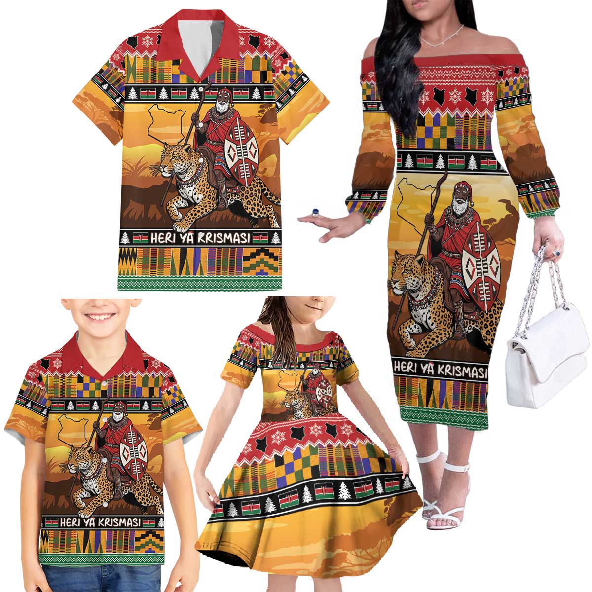Kenya Safari Christmas Family Matching Off The Shoulder Long Sleeve Dress and Hawaiian Shirt Black Santa Riding Leopards - Heri ya Krismasi - Wonder Print Shop