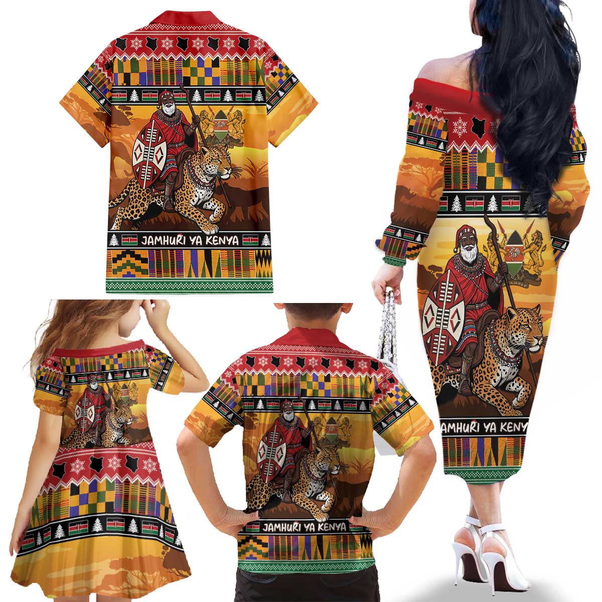 Kenya Safari Christmas Family Matching Off The Shoulder Long Sleeve Dress and Hawaiian Shirt Black Santa Riding Leopards - Heri ya Krismasi - Wonder Print Shop