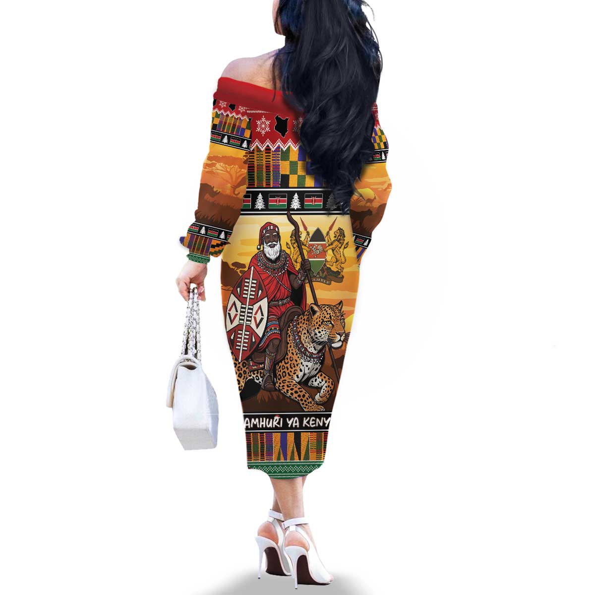 Kenya Safari Christmas Family Matching Off The Shoulder Long Sleeve Dress and Hawaiian Shirt Black Santa Riding Leopards - Heri ya Krismasi - Wonder Print Shop