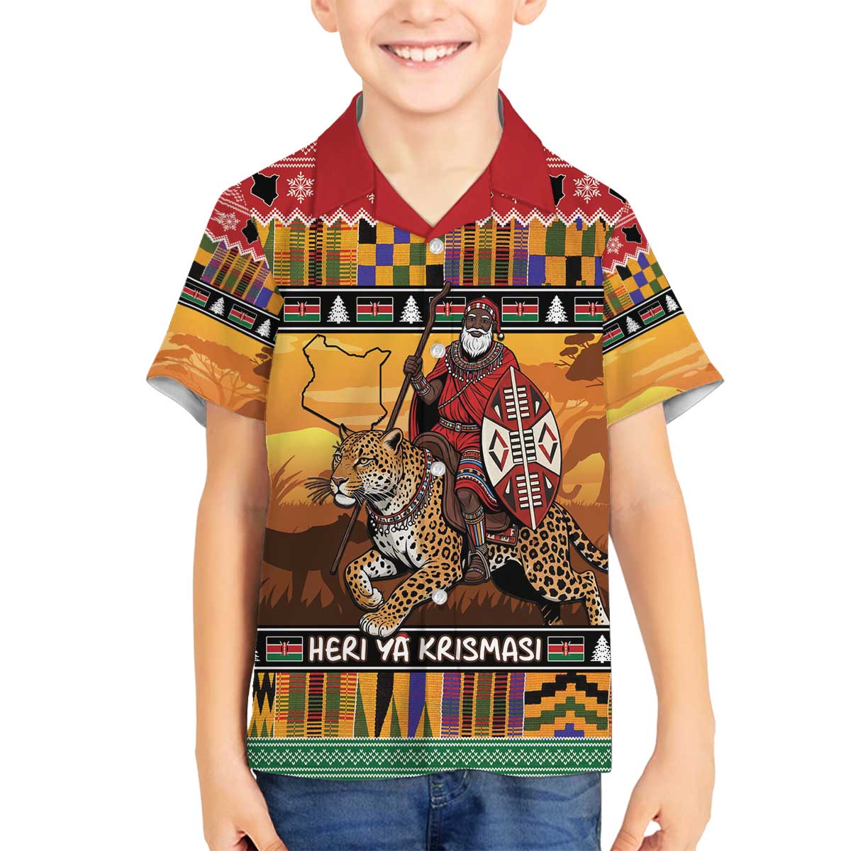 Kenya Safari Christmas Family Matching Off The Shoulder Long Sleeve Dress and Hawaiian Shirt Black Santa Riding Leopards - Heri ya Krismasi - Wonder Print Shop