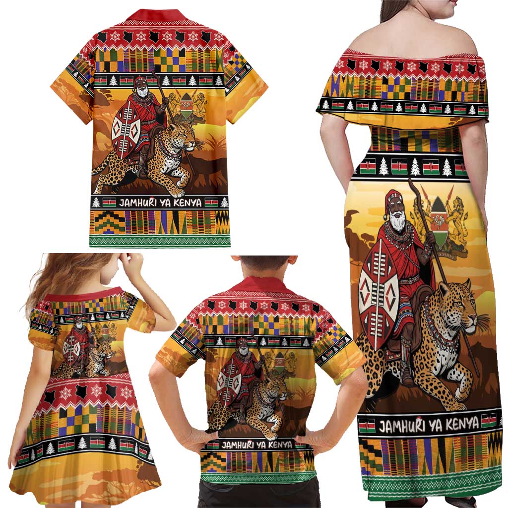 Kenya Safari Christmas Family Matching Off Shoulder Maxi Dress and Hawaiian Shirt Black Santa Riding Leopards - Heri ya Krismasi - Wonder Print Shop
