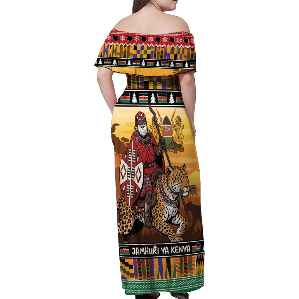 Kenya Safari Christmas Family Matching Off Shoulder Maxi Dress and Hawaiian Shirt Black Santa Riding Leopards - Heri ya Krismasi - Wonder Print Shop