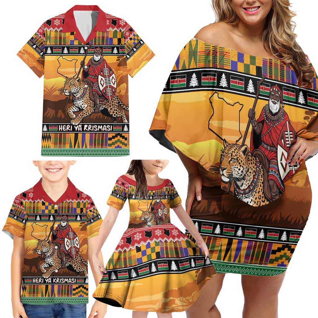 Kenya Safari Christmas Family Matching Off Shoulder Short Dress and Hawaiian Shirt Black Santa Riding Leopards - Heri ya Krismasi - Wonder Print Shop