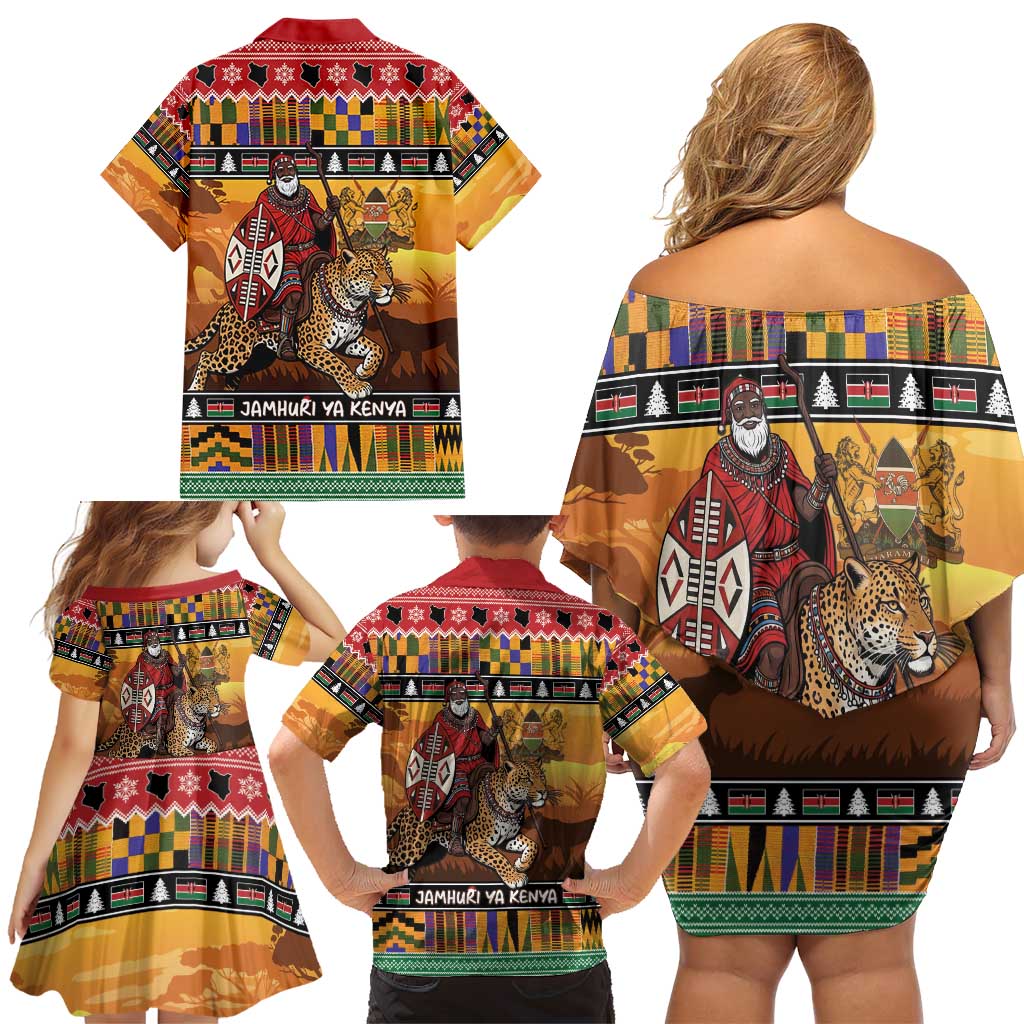 Kenya Safari Christmas Family Matching Off Shoulder Short Dress and Hawaiian Shirt Black Santa Riding Leopards - Heri ya Krismasi - Wonder Print Shop