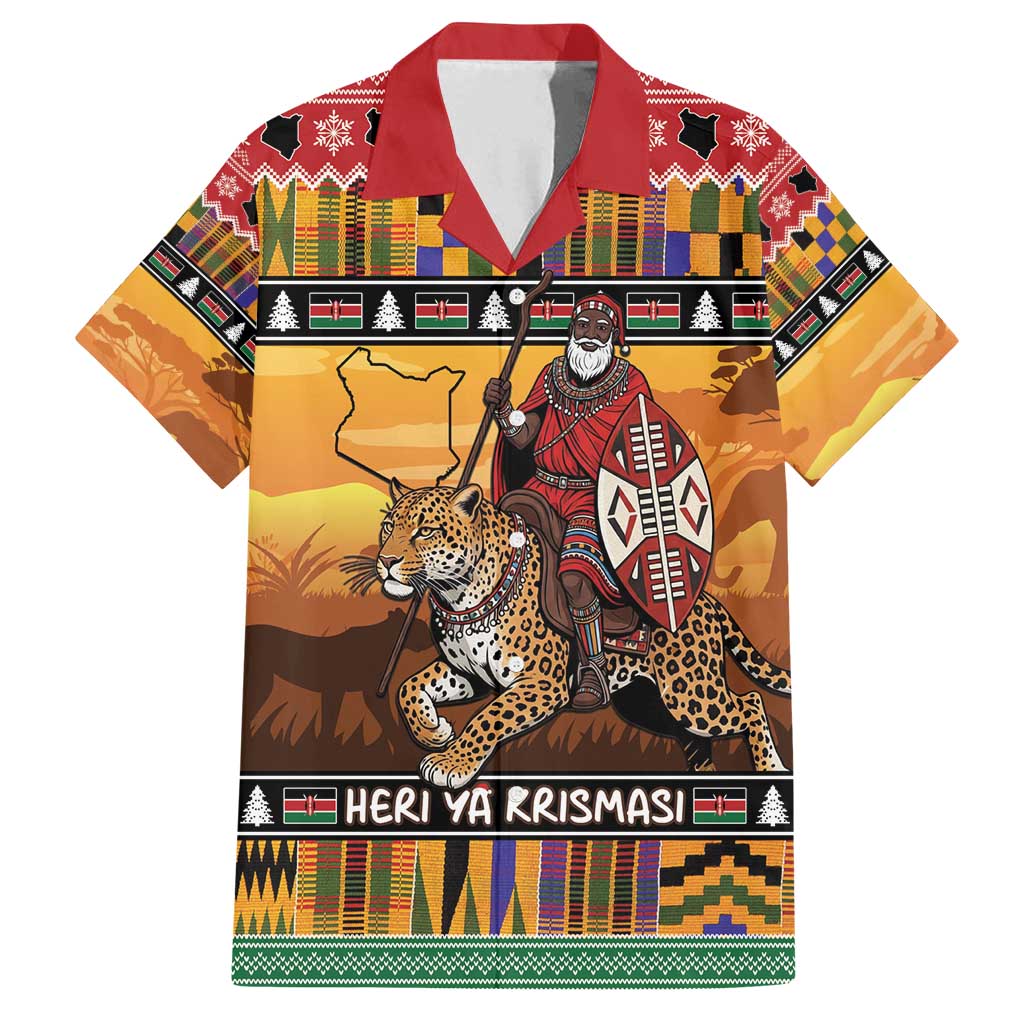 Kenya Safari Christmas Family Matching Off Shoulder Short Dress and Hawaiian Shirt Black Santa Riding Leopards - Heri ya Krismasi - Wonder Print Shop