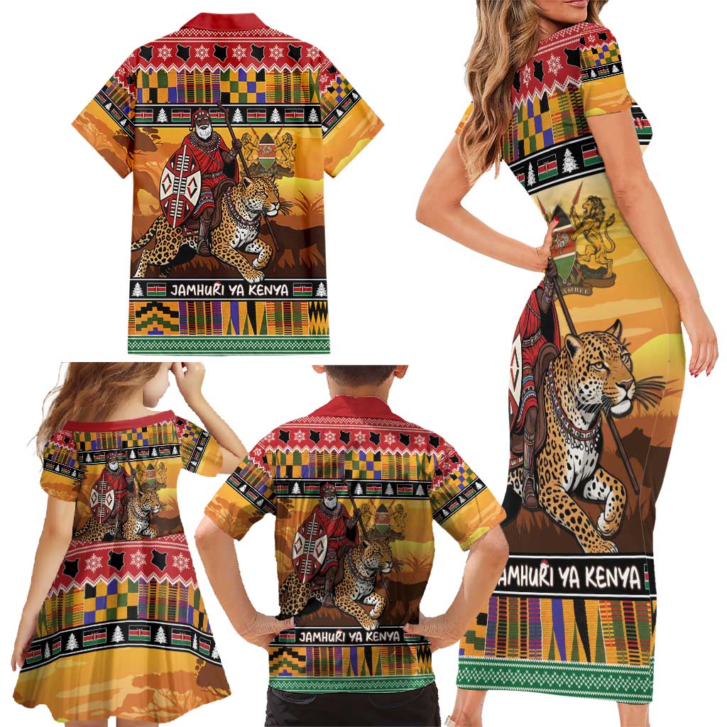 Kenya Safari Christmas Family Matching Short Sleeve Bodycon Dress and Hawaiian Shirt Black Santa Riding Leopards - Heri ya Krismasi - Wonder Print Shop