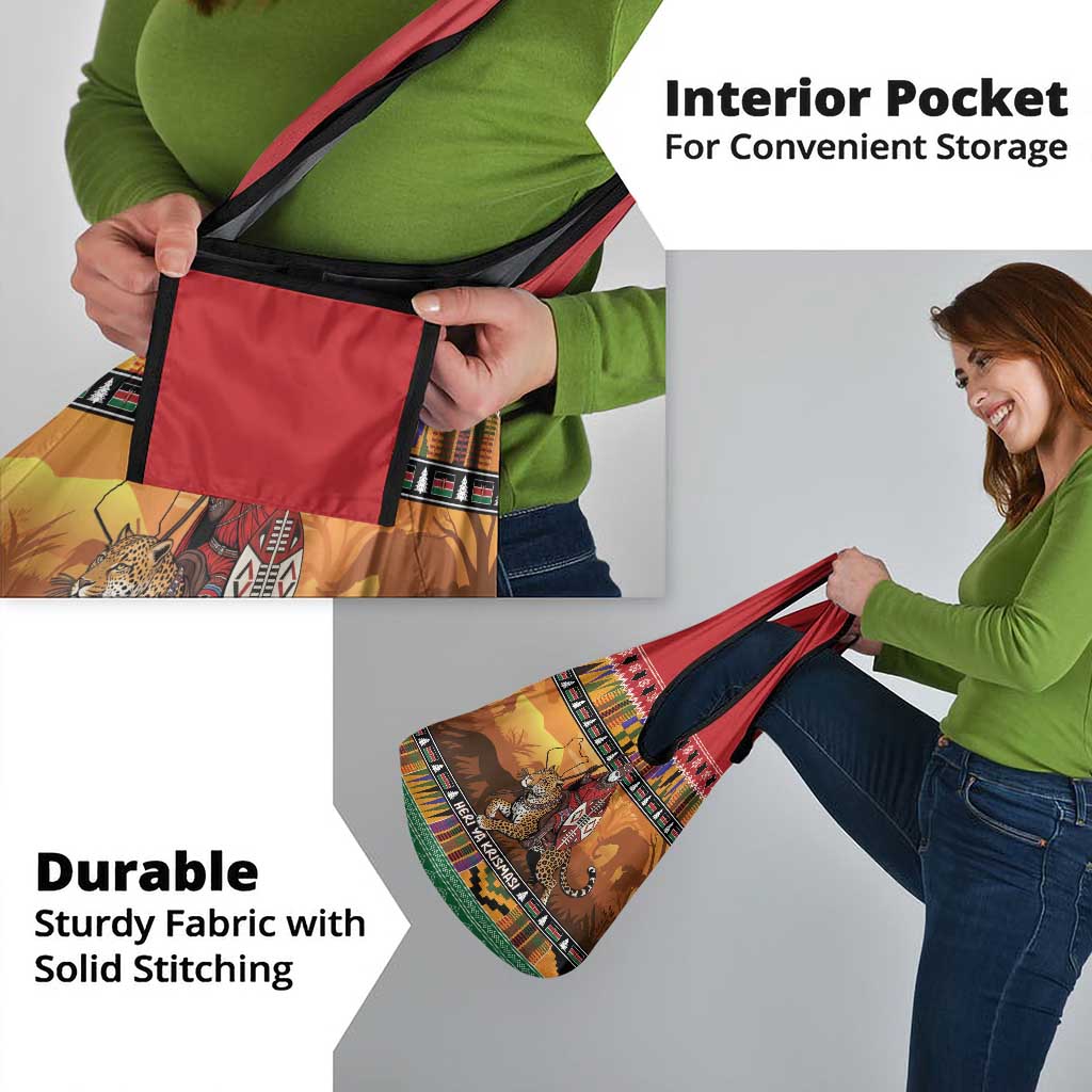 Kenya Safari Christmas Grocery Bag Black Santa Riding Leopards - Heri ya Krismasi - Wonder Print Shop