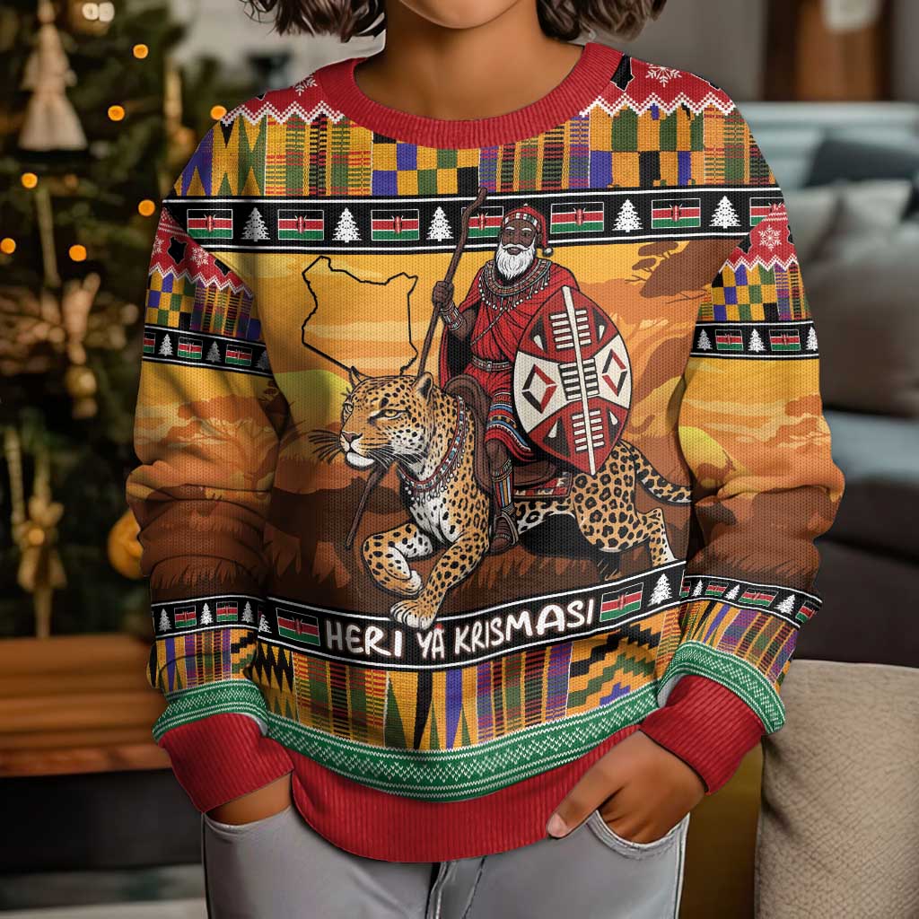 Kenya Safari Christmas Kid Ugly Christmas Sweater Black Santa Riding Leopards - Heri ya Krismasi - Wonder Print Shop