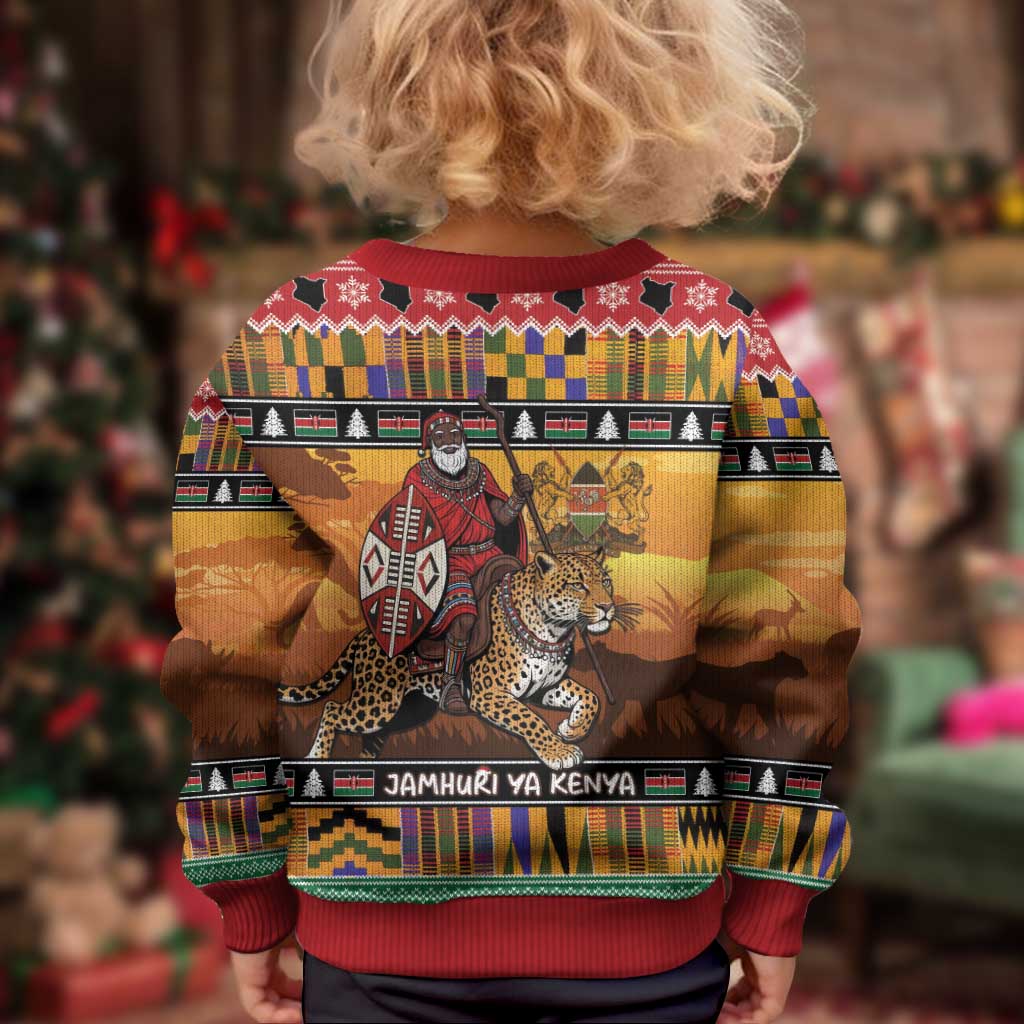 Kenya Safari Christmas Kid Ugly Christmas Sweater Black Santa Riding Leopards - Heri ya Krismasi - Wonder Print Shop