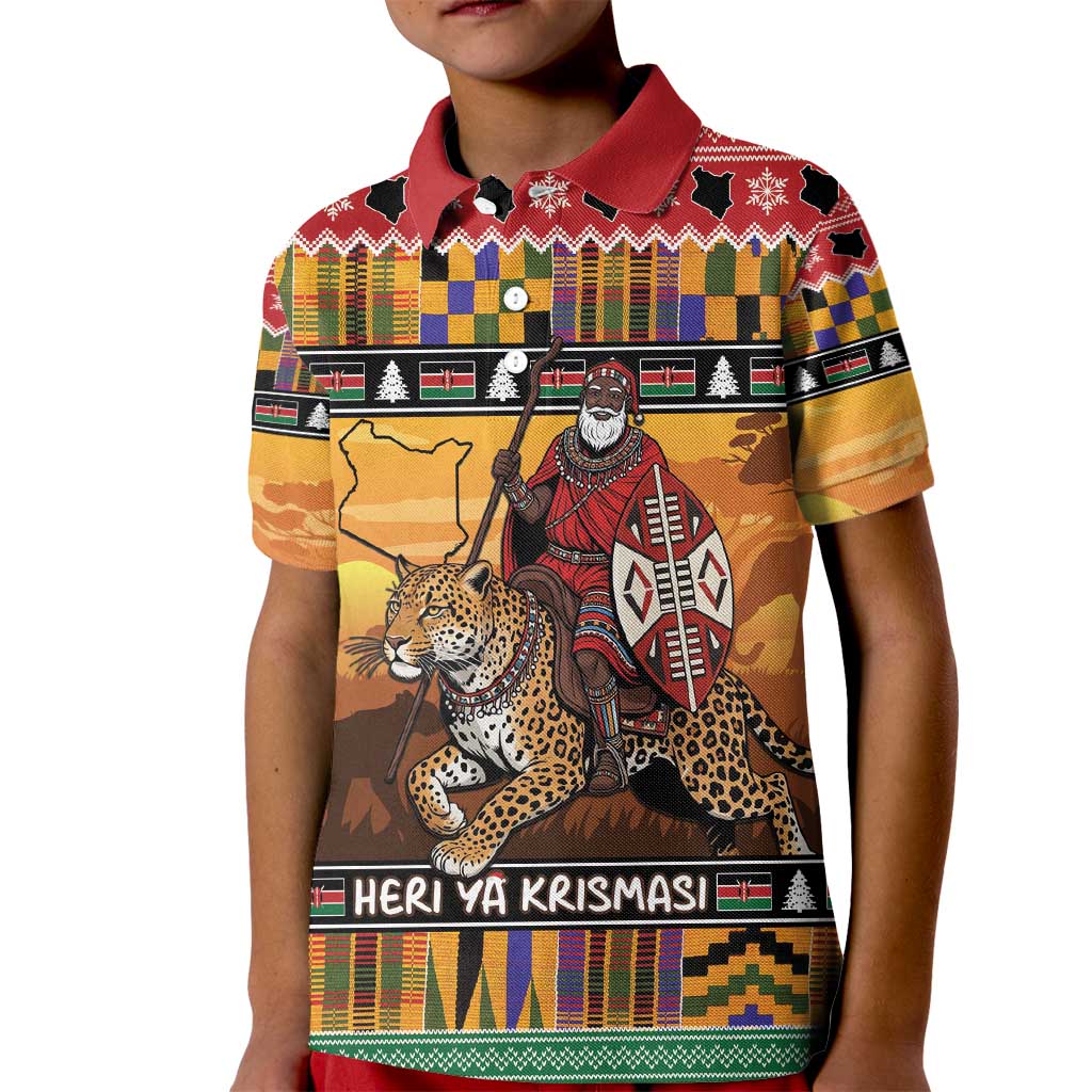 Kenya Safari Christmas Kid Polo Shirt Black Santa Riding Leopards - Heri ya Krismasi - Wonder Print Shop