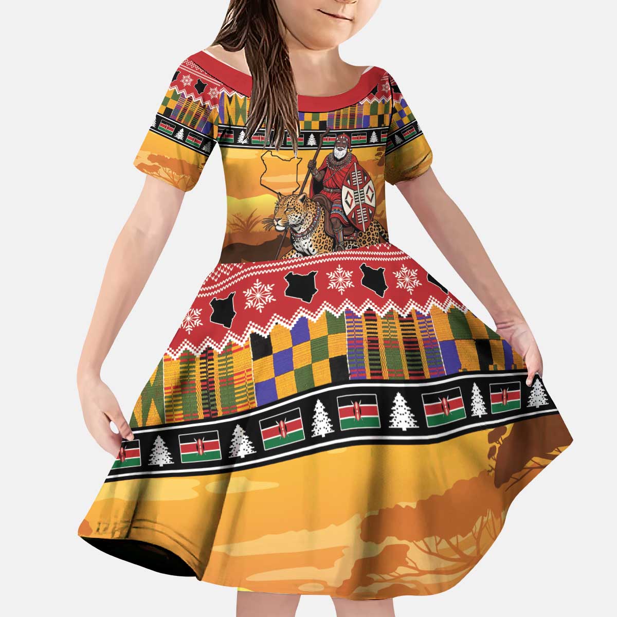 Kenya Safari Christmas Kid Short Sleeve Dress Black Santa Riding Leopards - Heri ya Krismasi - Wonder Print Shop