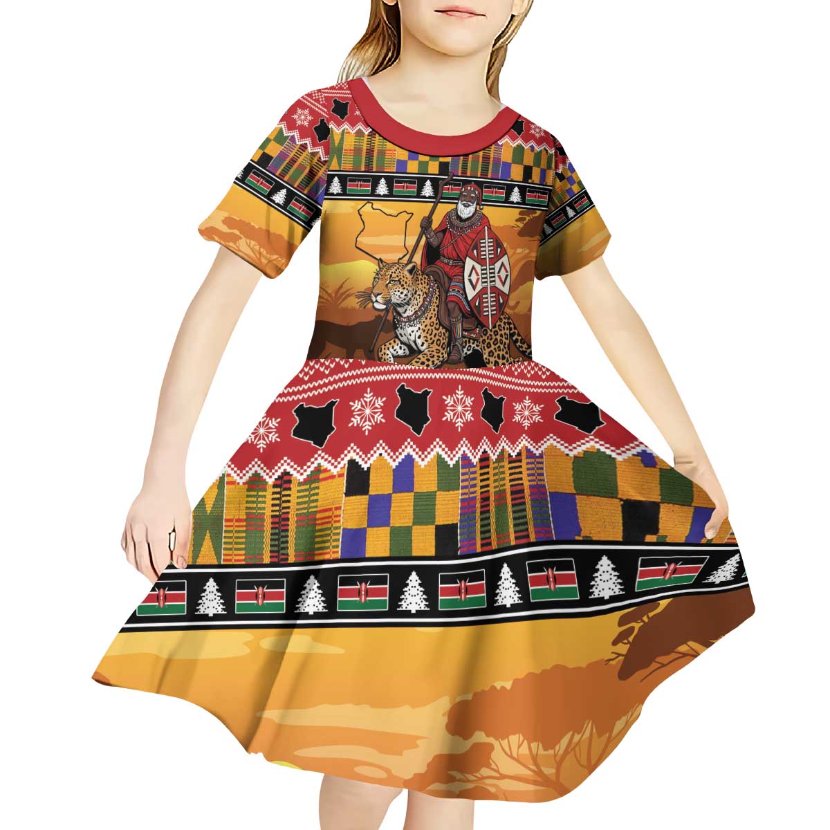 Kenya Safari Christmas Kid Short Sleeve Dress Black Santa Riding Leopards - Heri ya Krismasi - Wonder Print Shop
