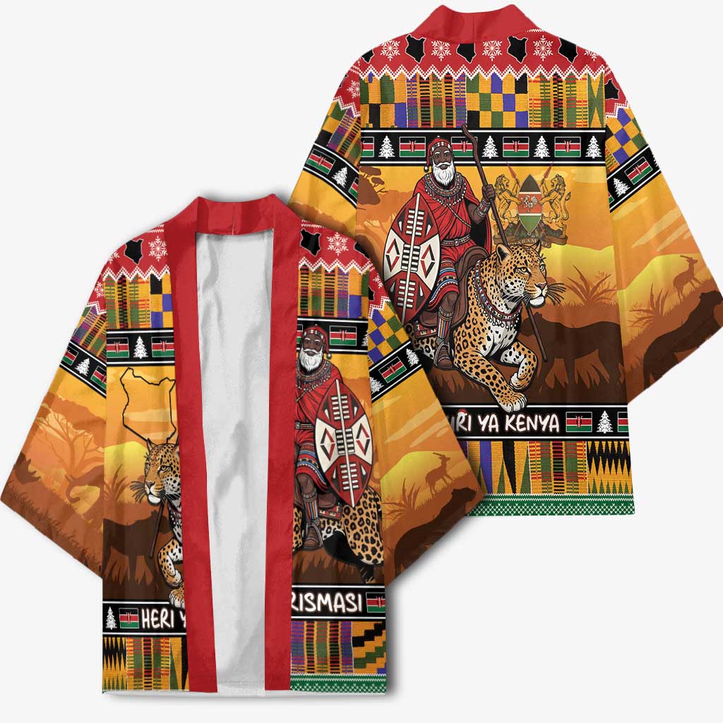 Kenya Safari Christmas Kimono Black Santa Riding Leopards - Heri ya Krismasi - Wonder Print Shop