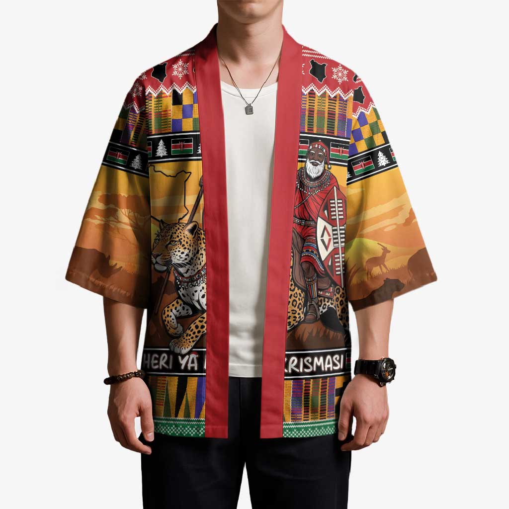 Kenya Safari Christmas Kimono Black Santa Riding Leopards - Heri ya Krismasi - Wonder Print Shop