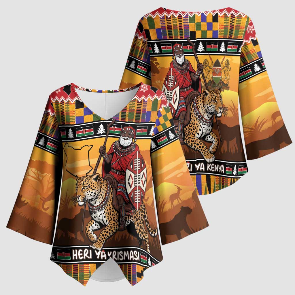 Kenya Safari Christmas Kimono Sleeve Blouse Black Santa Riding Leopards - Heri ya Krismasi - Wonder Print Shop