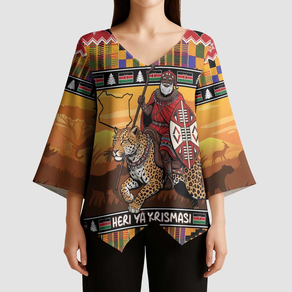 Kenya Safari Christmas Kimono Sleeve Blouse Black Santa Riding Leopards - Heri ya Krismasi - Wonder Print Shop