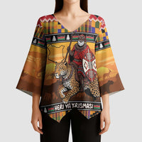 Kenya Safari Christmas Kimono Sleeve Blouse Black Santa Riding Leopards - Heri ya Krismasi - Wonder Print Shop