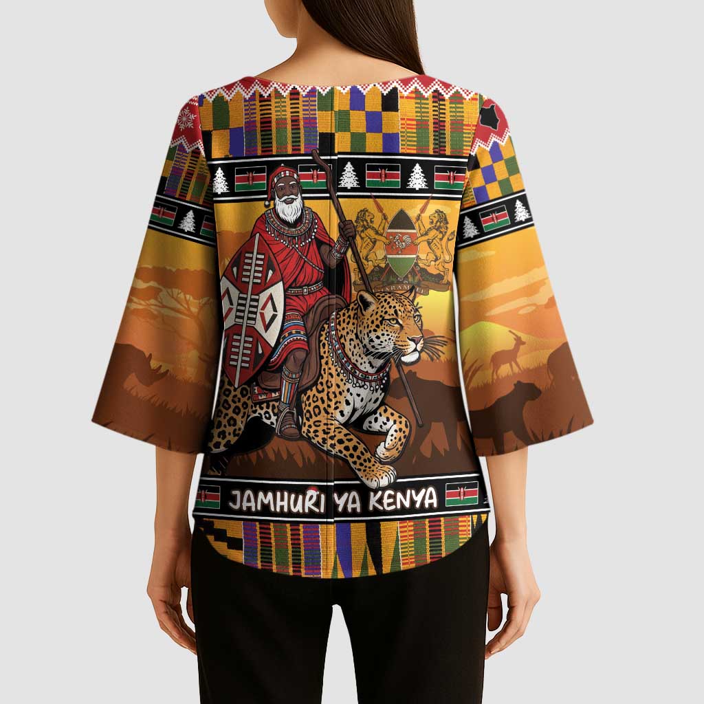 Kenya Safari Christmas Kimono Sleeve Blouse Black Santa Riding Leopards - Heri ya Krismasi - Wonder Print Shop