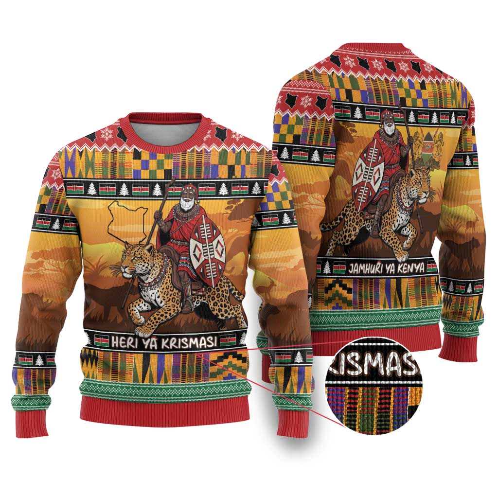 Kenya Safari Christmas Ugly Christmas Sweater Black Santa Riding Leopards - Heri ya Krismasi - Wonder Print Shop