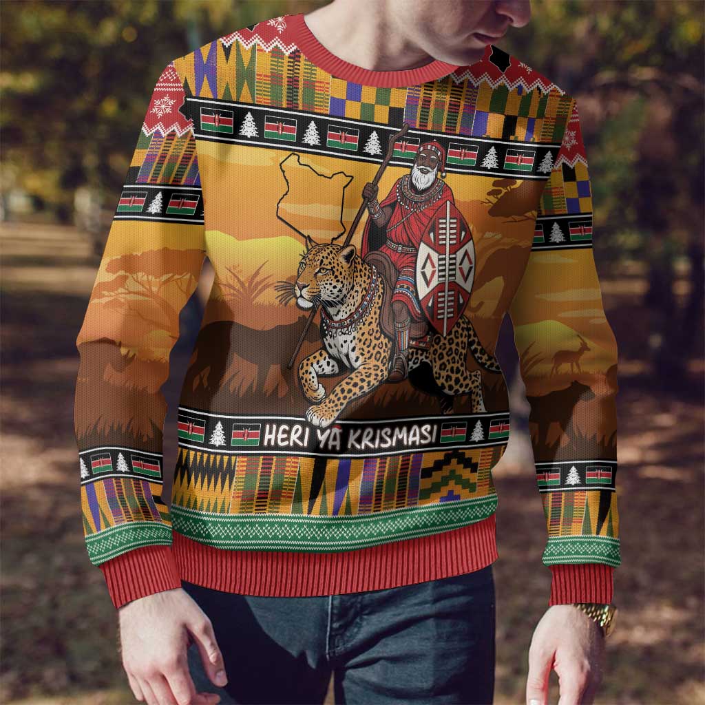 Kenya Safari Christmas Ugly Christmas Sweater Black Santa Riding Leopards - Heri ya Krismasi - Wonder Print Shop