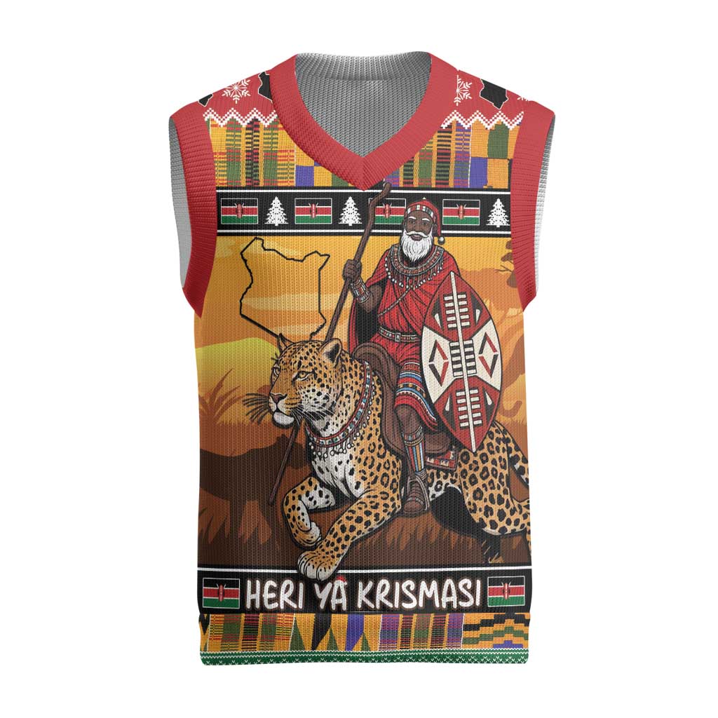 Kenya Safari Christmas Knitted V-Neck Vest Black Santa Riding Leopards - Heri ya Krismasi - Wonder Print Shop