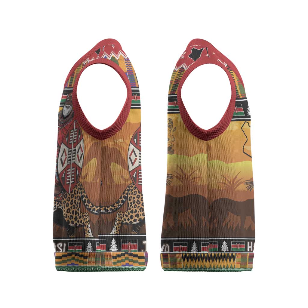 Kenya Safari Christmas Knitted V-Neck Vest Black Santa Riding Leopards - Heri ya Krismasi - Wonder Print Shop