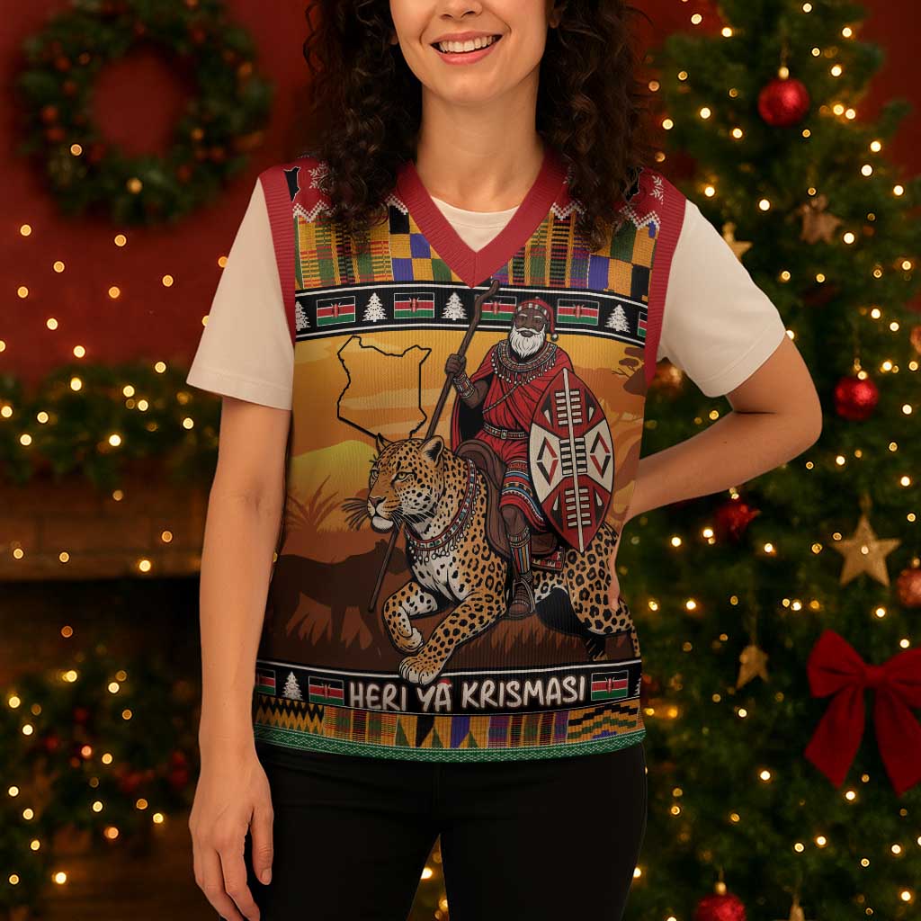 Kenya Safari Christmas Knitted V-Neck Vest Black Santa Riding Leopards - Heri ya Krismasi - Wonder Print Shop