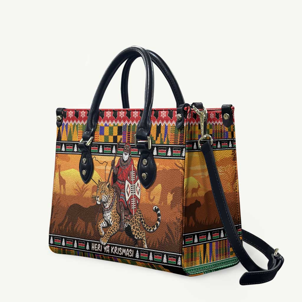 Kenya Safari Christmas Leather Bag Black Santa Riding Leopards - Heri ya Krismasi - Wonder Print Shop