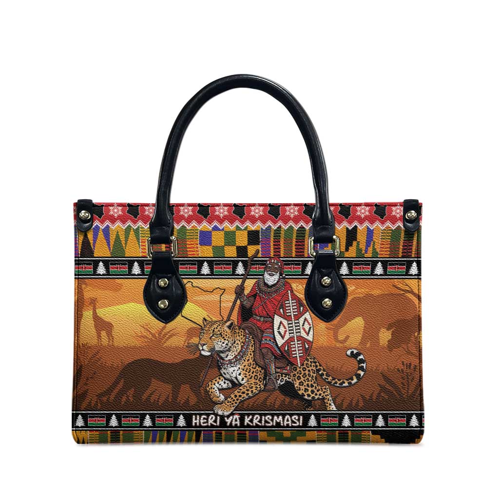 Kenya Safari Christmas Leather Bag Black Santa Riding Leopards - Heri ya Krismasi - Wonder Print Shop