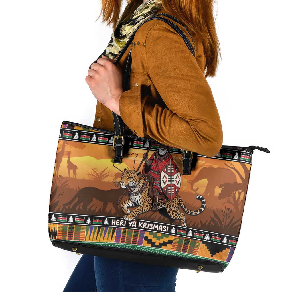 Kenya Safari Christmas Leather Tote Bag Black Santa Riding Leopards - Heri ya Krismasi - Wonder Print Shop