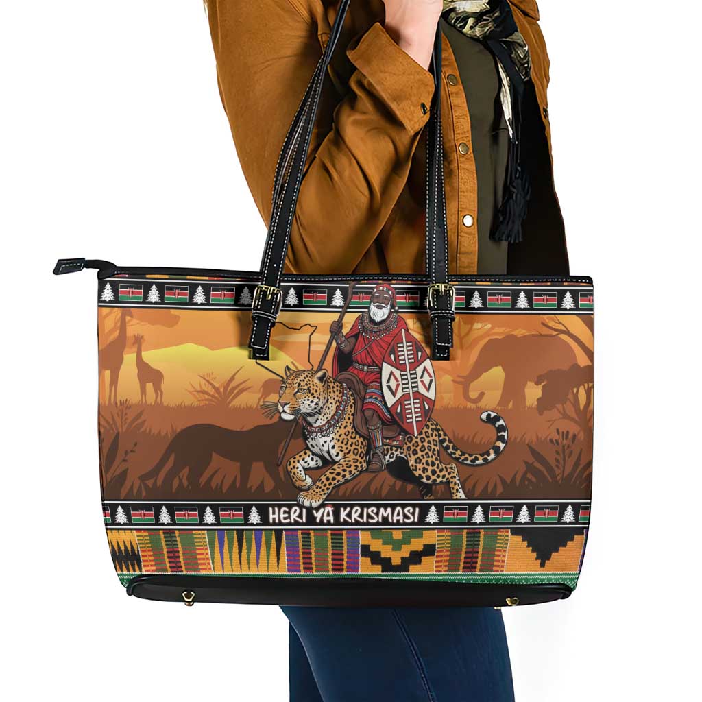 Kenya Safari Christmas Leather Tote Bag Black Santa Riding Leopards - Heri ya Krismasi - Wonder Print Shop