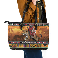 Kenya Safari Christmas Leather Tote Bag Black Santa Riding Leopards - Heri ya Krismasi - Wonder Print Shop