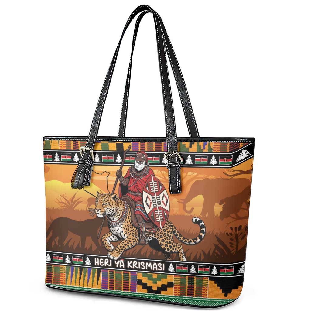Kenya Safari Christmas Leather Tote Bag Black Santa Riding Leopards - Heri ya Krismasi - Wonder Print Shop
