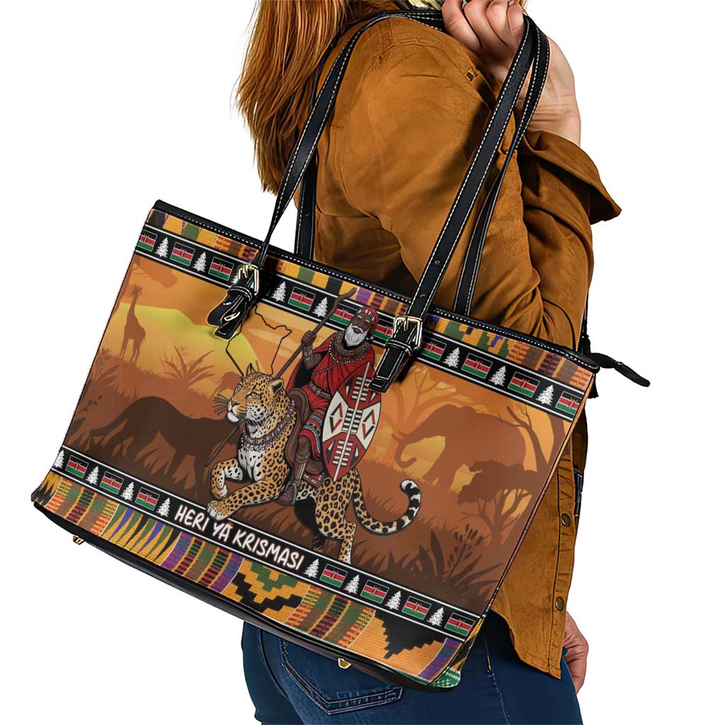 Kenya Safari Christmas Leather Tote Bag Black Santa Riding Leopards - Heri ya Krismasi - Wonder Print Shop