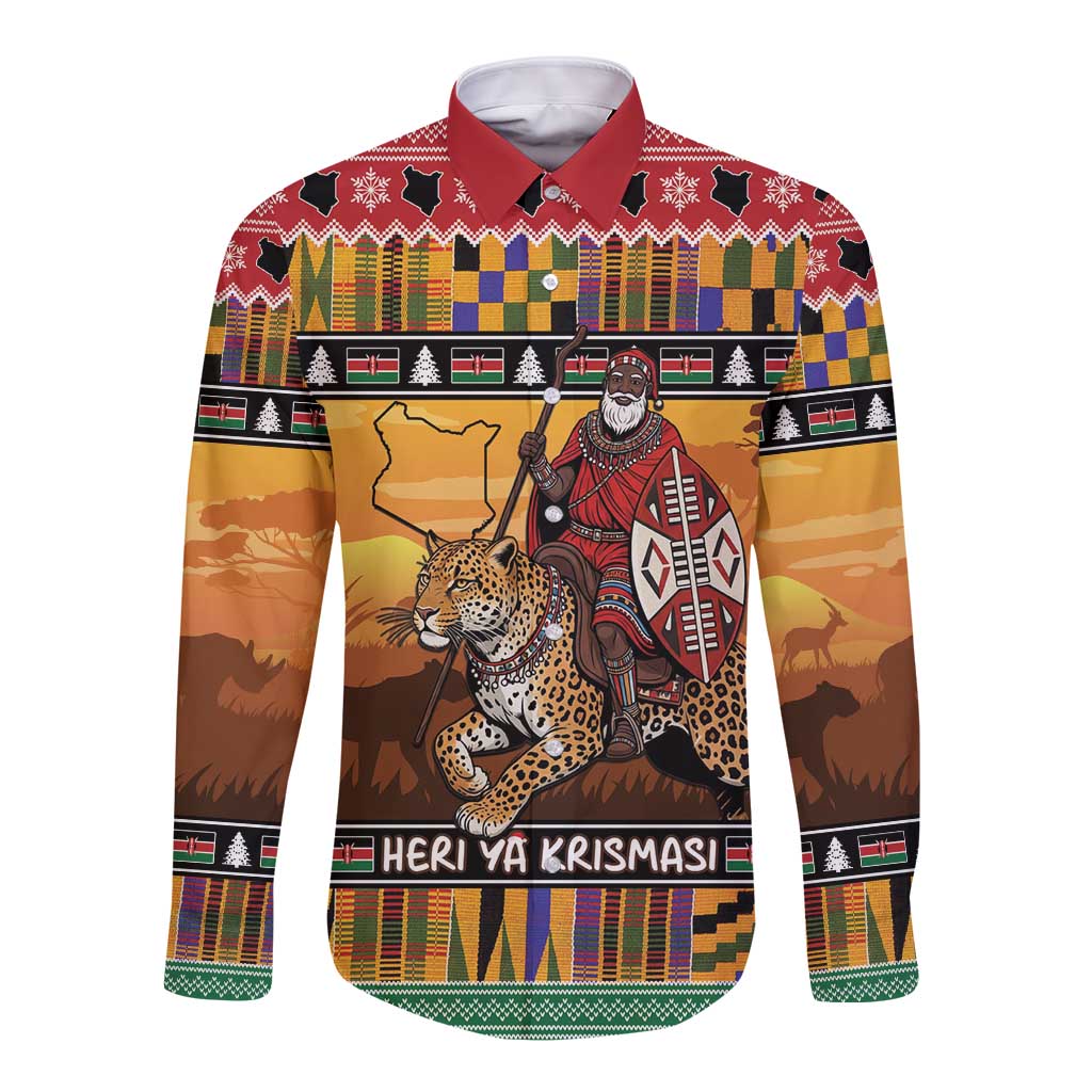 Kenya Safari Christmas Long Sleeve Button Shirt Black Santa Riding Leopards - Heri ya Krismasi - Wonder Print Shop