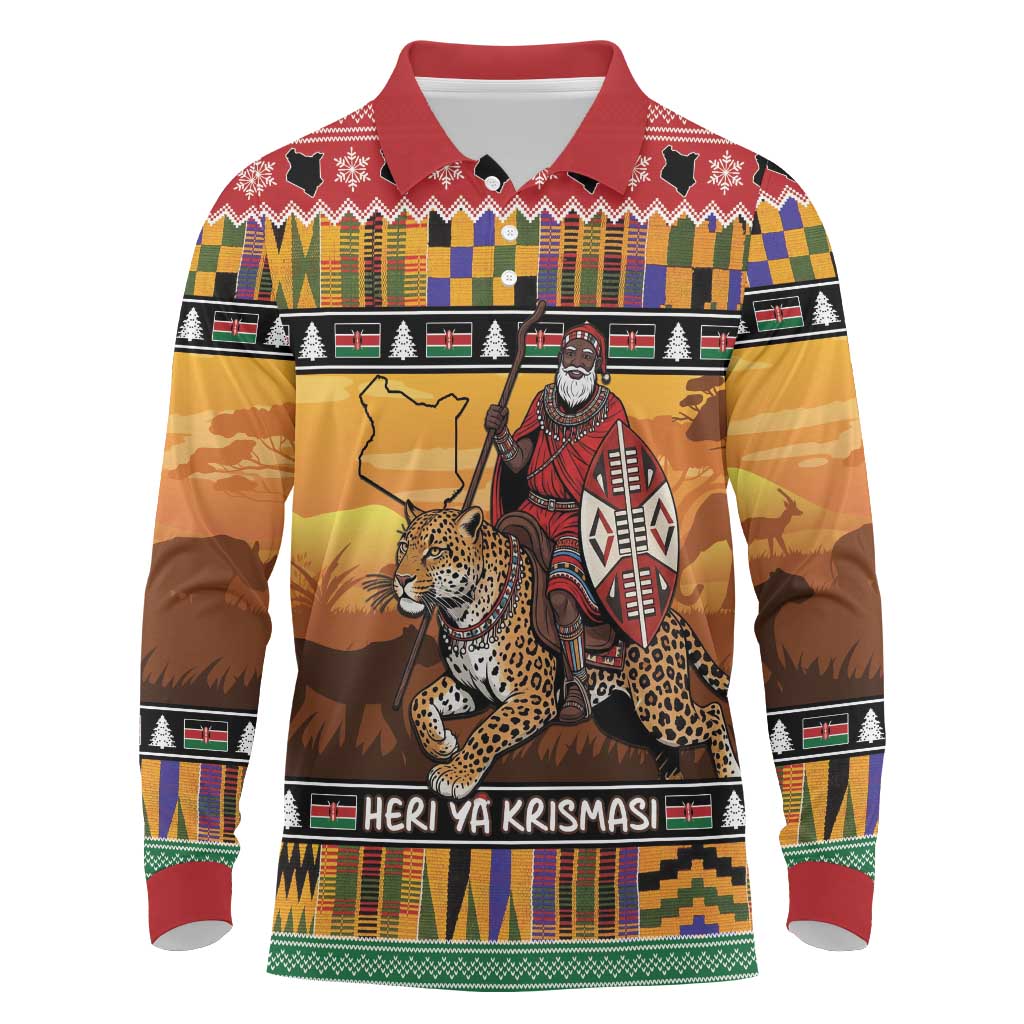 Kenya Safari Christmas Long Sleeve Polo Shirt Black Santa Riding Leopards - Heri ya Krismasi - Wonder Print Shop